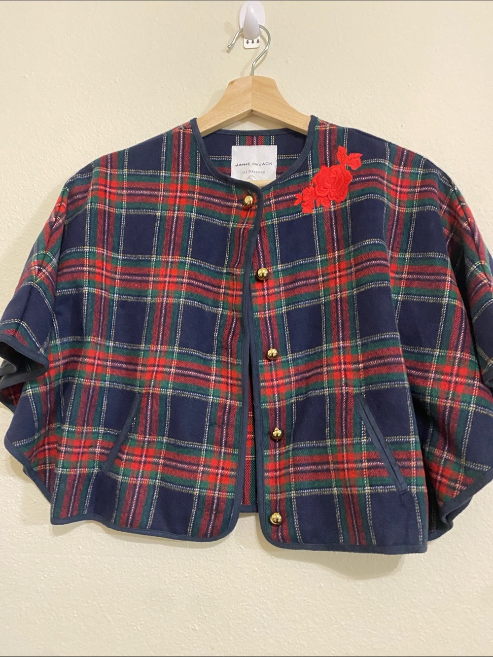 Janie and Jack Navy Plaid Cape with Red Floral Applique - Picture 6 of 9